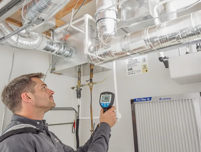 Rehoboth Air Duct Cleaning expert conducting detailed filter system inspection using diagnostic tools in Rehoboth